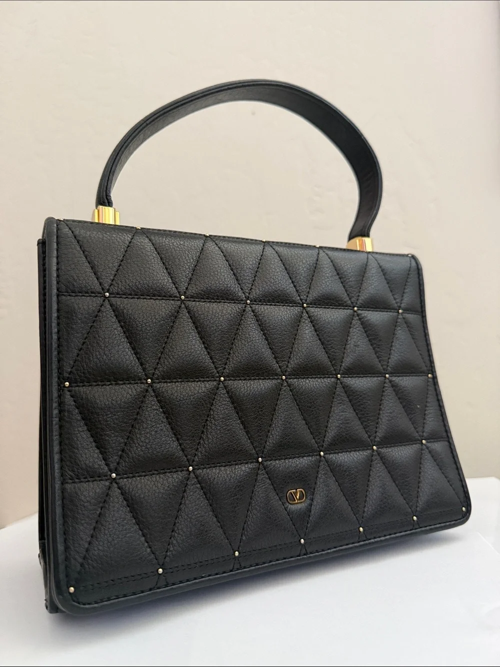 Valentino Garavani Black Quilted Top-Handle Satchel with Gold Studs